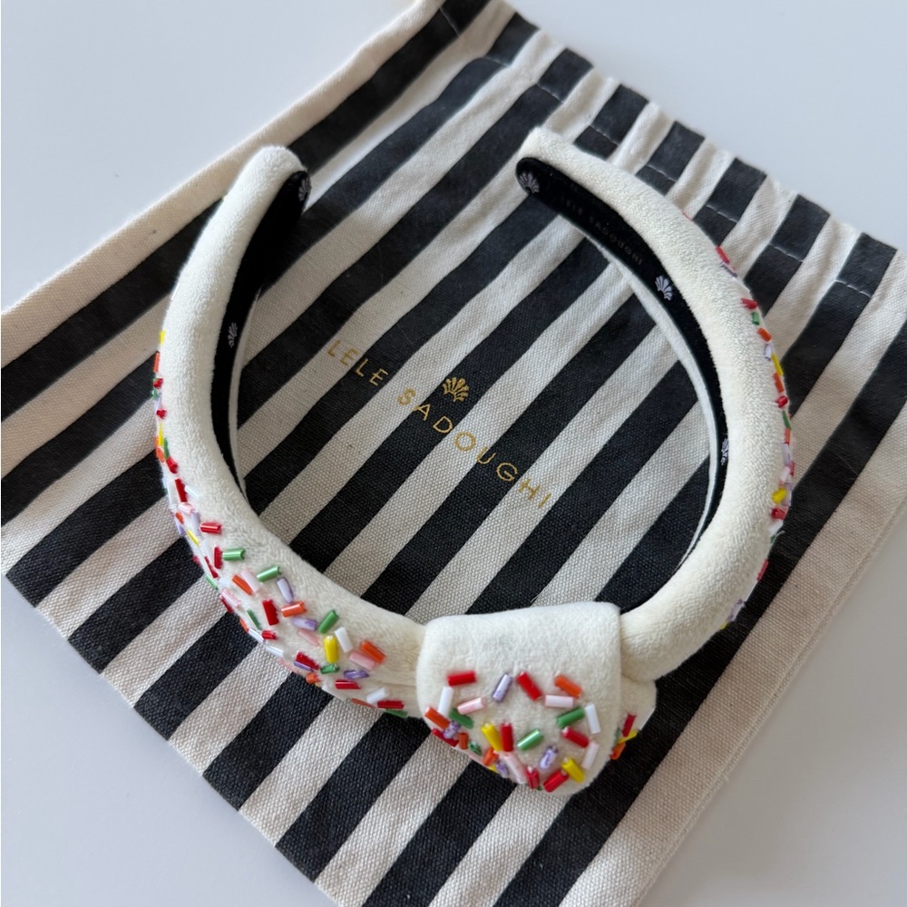 Lele Sadoughi Kids Cream Velvet Headband with Multicolor Sprinkle Embroidery